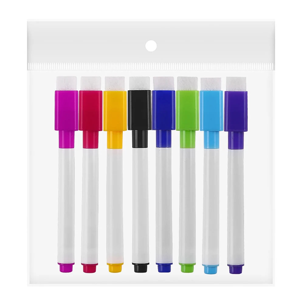An assortment of eight fine tip whiteboard markers in various colors including purple, red, yellow, black, blue, green, and v