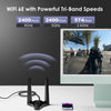 A Wi-Fi 6E network card is shown connected to a computer, illustrating tri-band speeds of 2400Mbps on 6GHz, 5GHz, and 2.4GHz.
