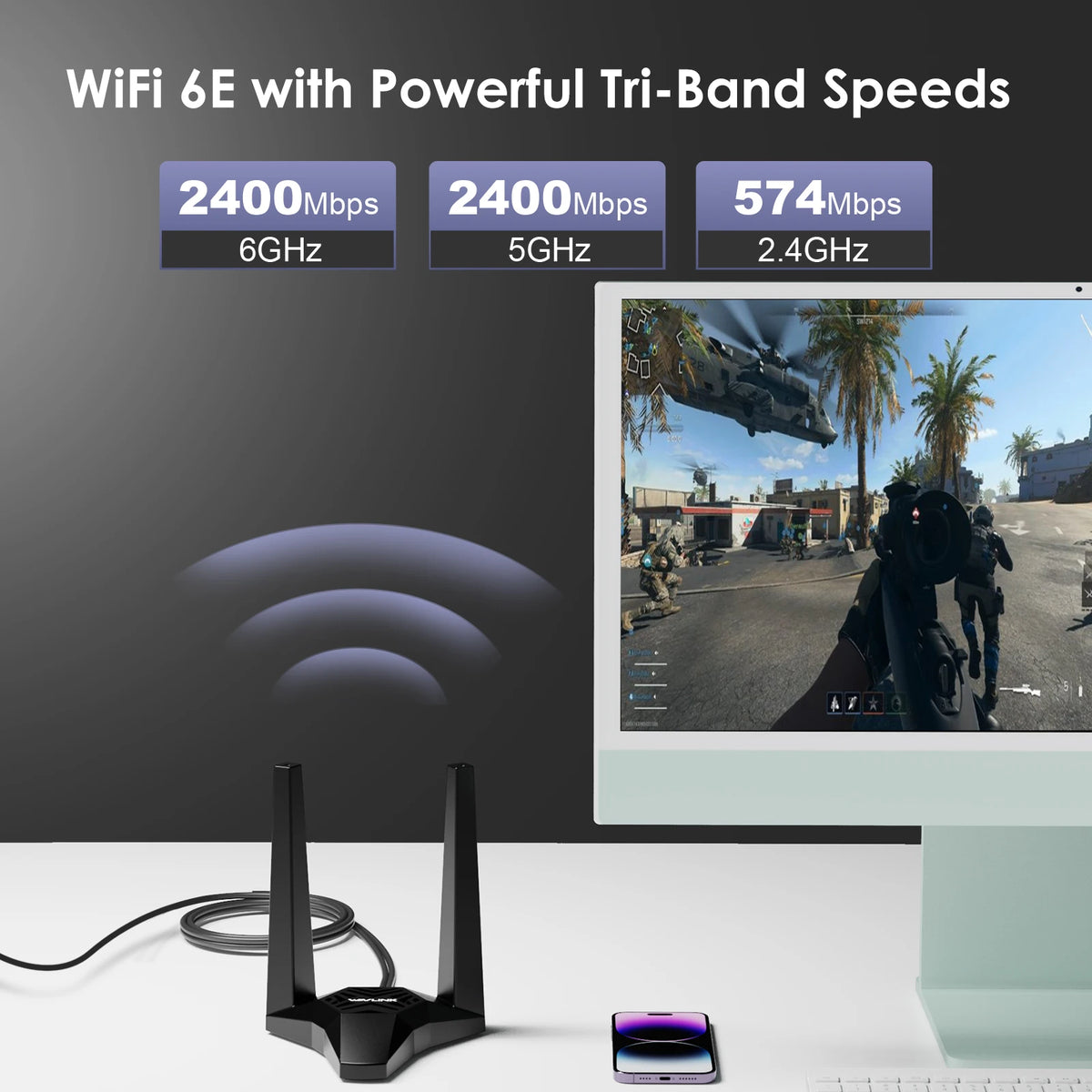 A Wi-Fi 6E network card is shown connected to a computer, illustrating tri-band speeds of 2400Mbps on 6GHz, 5GHz, and 2.4GHz.