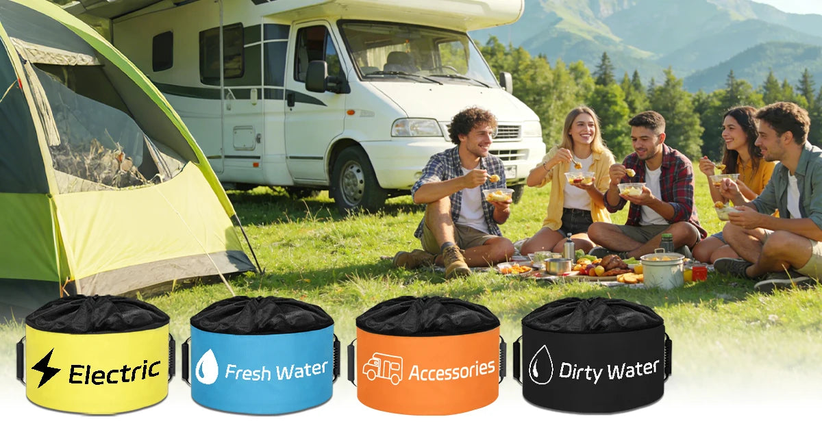 A pack of four waterproof storage bags for RV hose and gear, labeled Electric, Fresh Water, Accessories, and Dirty Water.