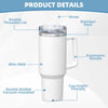 A white insulated stainless steel tumbler with a straw and ergonomic handle, highlighting features like double threaded lid a