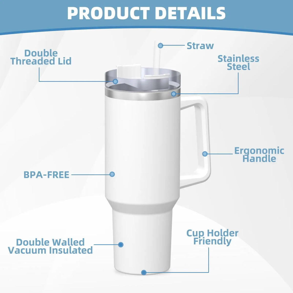 A white insulated stainless steel tumbler with a straw and ergonomic handle, highlighting features like double threaded lid a