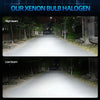 Comparison of high beam and low beam light patterns from an xenon bulb headlight kit.