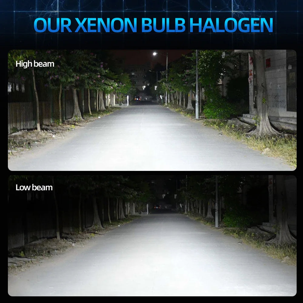 Comparison of high beam and low beam light patterns from an xenon bulb headlight kit.