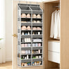 A light gray over-the-door hanging organizer with multiple compartments for storing cosmetics and personal items.