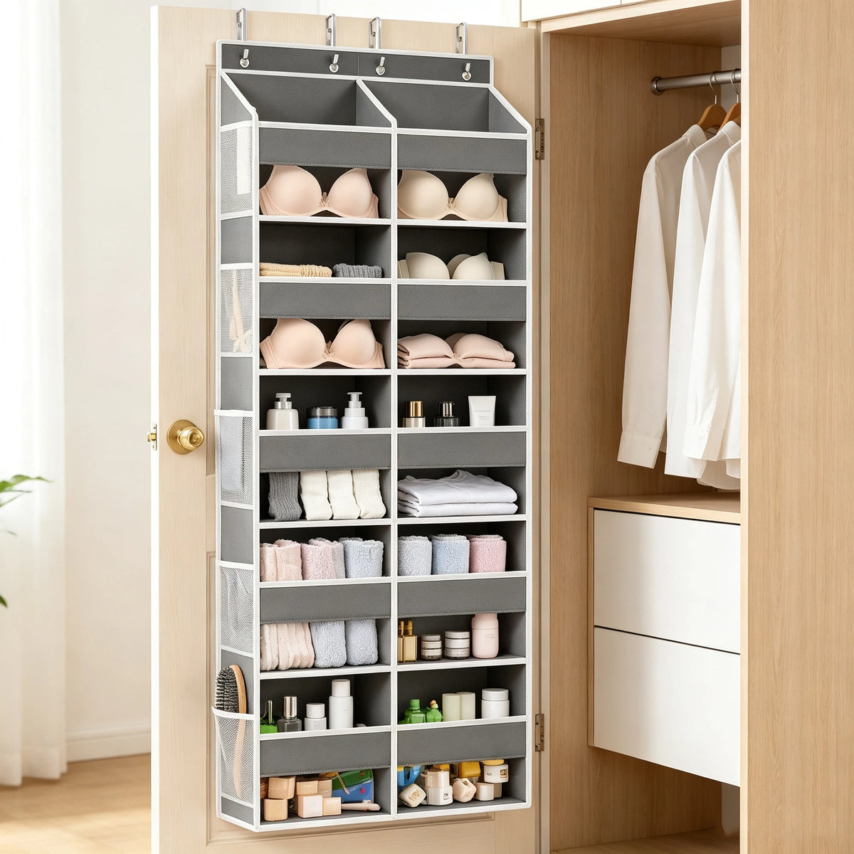 A light gray over-the-door hanging organizer with multiple compartments for storing cosmetics and personal items.