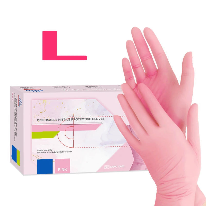 A box of pink disposable nitrile protective gloves is shown next to a pink hand and the letter L.