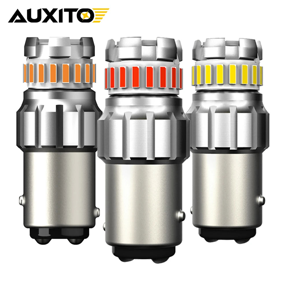 A set of three universal LED car bulbs for DRL, turn signal, and brake lights with silver and orange accents.