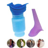 A portable blue urinal and purple cup for travel and outdoor use shown with usage examples.