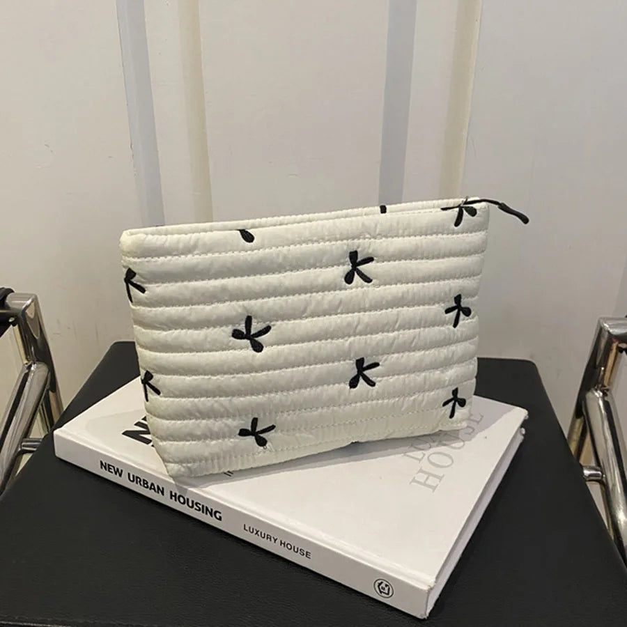 Embroidered Bow Makeup Bag with Large Capacity