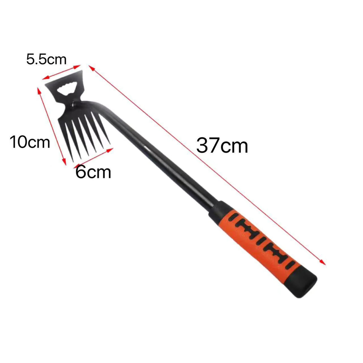 A black stainless steel weeding shovel and rake with a 5.5cm head and a 37cm handle.