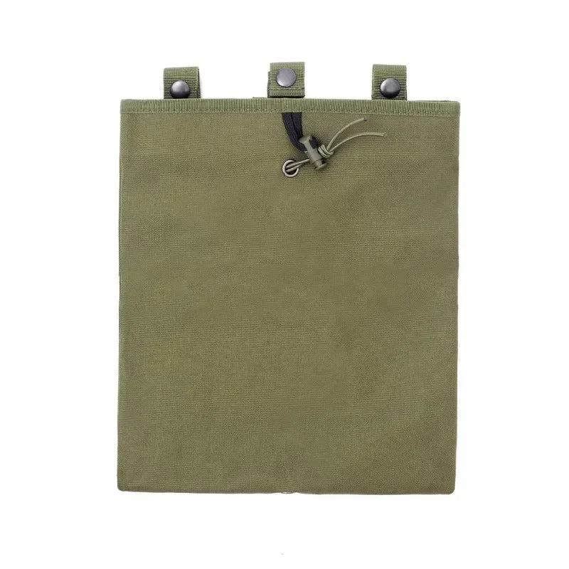 Olive green tactical MOLLE dump pouch with a drawstring closure and metal toggles.