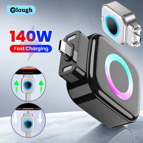 Schwarzer Smart USB-C-Ladegerät mit leuchtendem Ring, der schnelle Ladefunktionen und Leistungsmanagement zeigt.