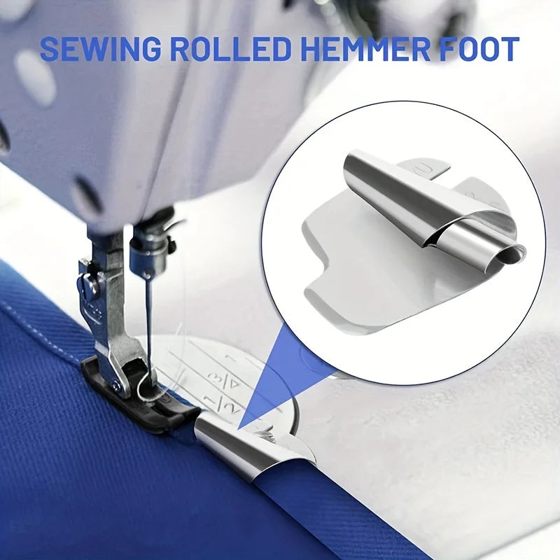 Close-up view of a sewing machine foot with a rolled hemmer foot attached to the needle plate.