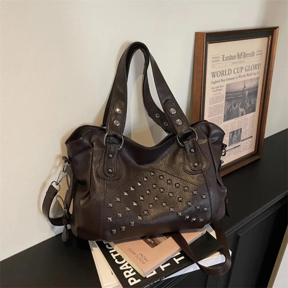 Rivet Punk Large Capacity Tote Bag with Adjustable Crossbody Strap
