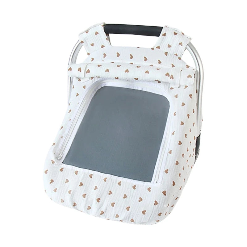 A white breathable 2-in-1 car seat cover and mosquito net for babies with a padded seat.
