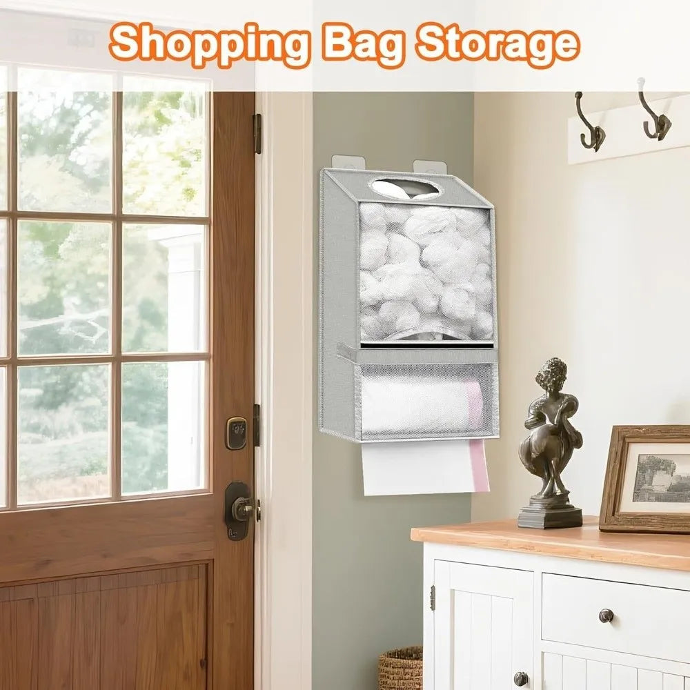 Wall-mounted storage dispenser for shopping bags with clear compartments in a kitchen or pantry setting