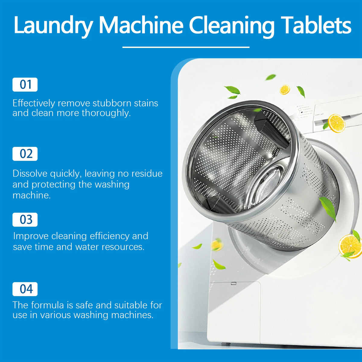 A close-up of laundry machine cleaning tablets next to a white washing machine drum.