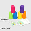 Six colorful plastic cups and fifty-four cards for a Montessori stack cup game