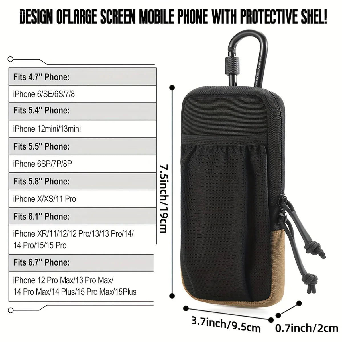 Carcasa protectora negra para varios modelos de iPhone (4.7 a 6.7 pulgadas), diseñada como una pequeña riñonera para exterior