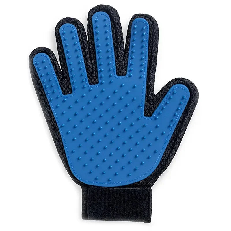 A blue silicone pet grooming glove with a black cuff and textured fingertips for removing hair from cats and dogs.