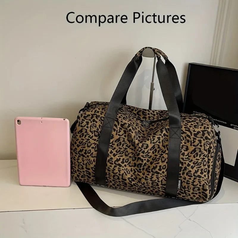 A leopard print weekender tote bag with a black strap and shoe compartment resting next to a pink tablet.