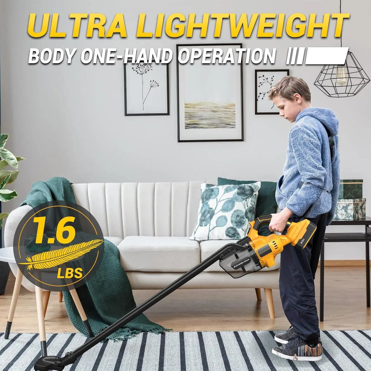A person is operating an ultra lightweight body one-hand operation vacuum cleaner, weighing 1.6 lbs, in a living room setting