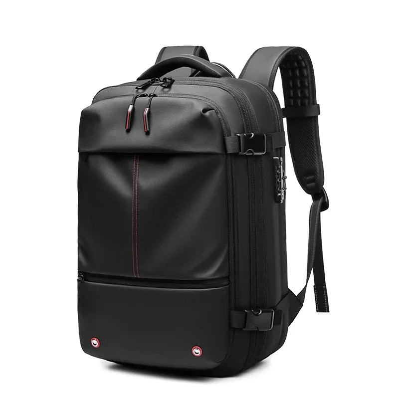 Black expandable travel laptop backpack with padded straps and compression features.