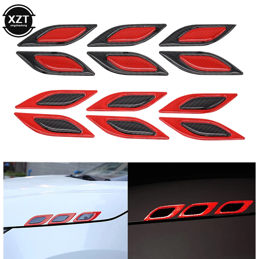 A set of six reflective red and black carbon fiber car styling strips for vehicle customization.