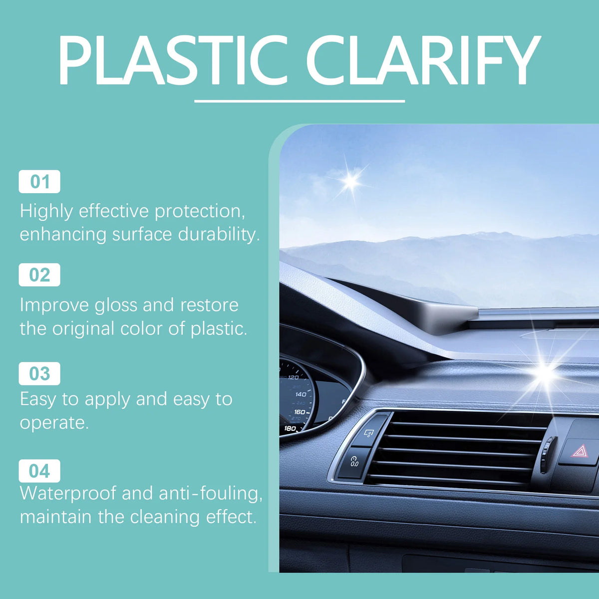 Gros plan sur un panneau d'intérieur de voiture gris foncé montrant l'application d'un produit clarifiant en plastique.