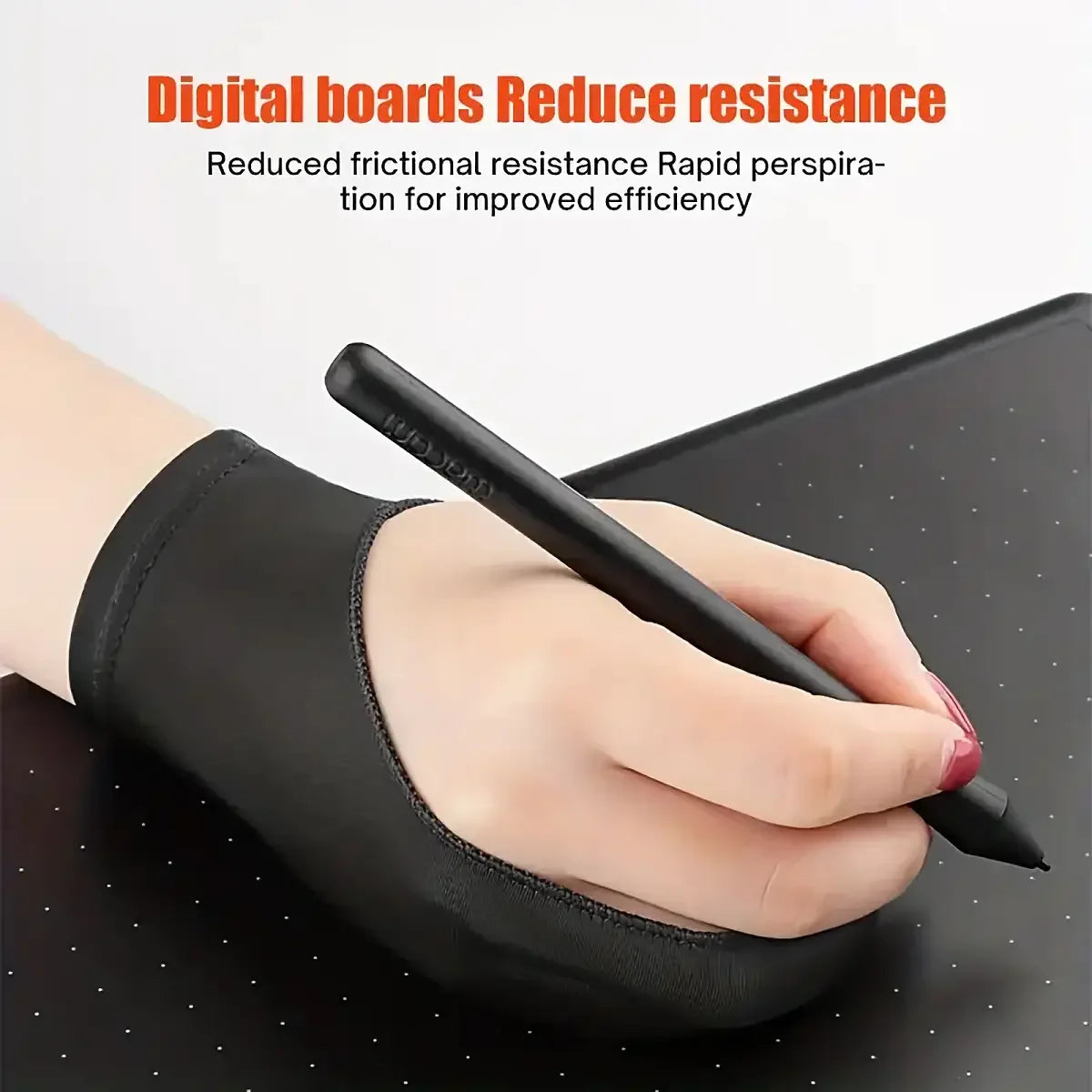A hand wearing a black anti-touch drawing glove is holding a stylus over a digital board.