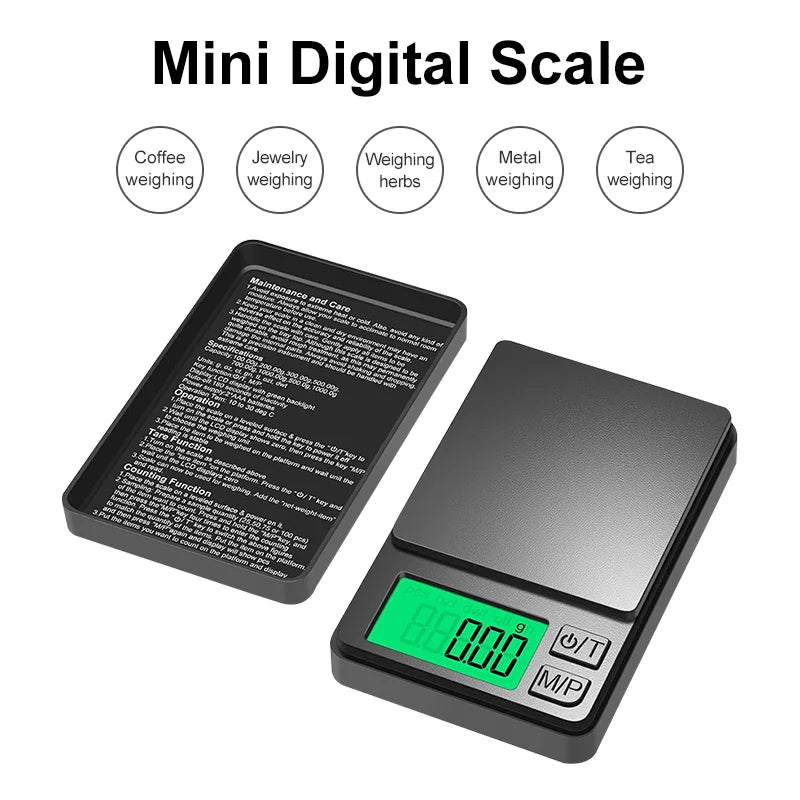 A black mini digital scale with a green display and buttons, shown next to various weighing options.