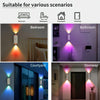 A set of rechargeable motion sensor RGB LED night lights installed in various scenarios including a bedroom, bathroom, courty