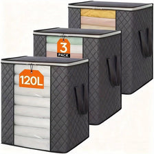 Three black foldable storage bags for bedding and clothing stacked in a pack