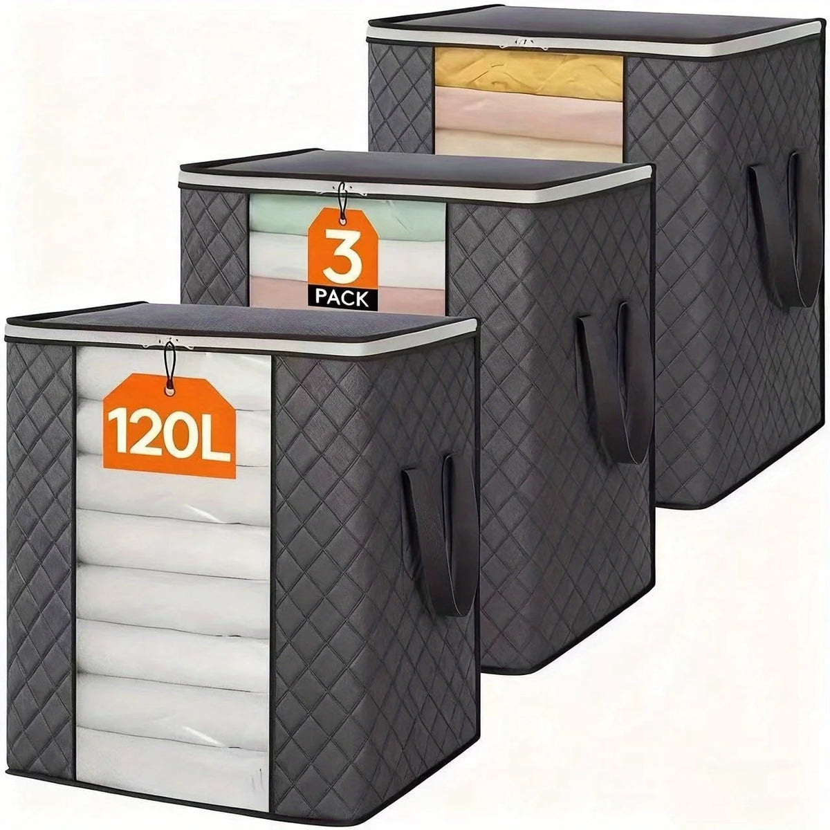 Three black foldable storage bags for bedding and clothing stacked in a pack
