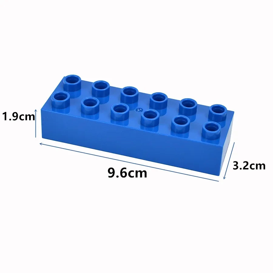 A blue set of large building blocks with various sized cylindrical pieces.