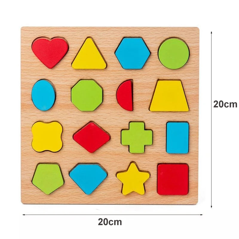 A wooden puzzle board featuring various colored and shaped pieces for toddlers.