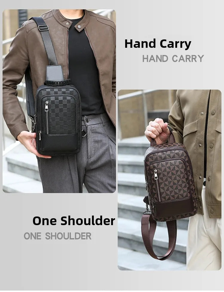 Men's Waterproof PU Leather Crossbody Bag with Geometric Pattern