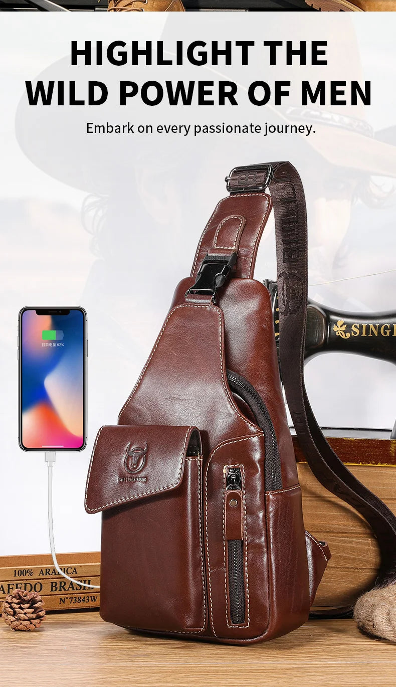 Men's Genuine Leather Sling Backpack with USB Charging Port