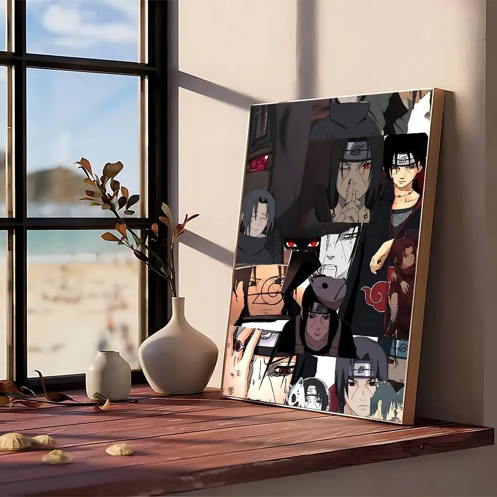 A canvas art print featuring multiple stylized anime characters in a dark and moody vintage style displayed on a wooden shelf