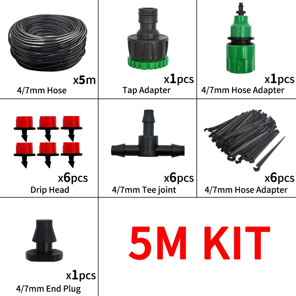 A kit containing a 5M hose, tap adapter, drip heads, tee joint, end plug, and various adapters for micro drip irrigation.