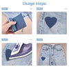 Four steps showing how to use denim repair iron-on patches for mending fabric.