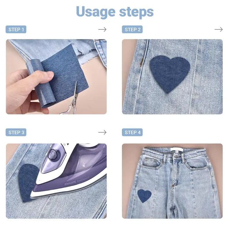 Four steps showing how to use denim repair iron-on patches for mending fabric.