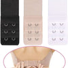 Three versions of a soft stretch bra extender with hook adjustment shown next to a hand demonstrating its use on a bra.