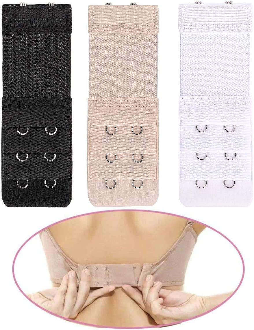 Three versions of a soft stretch bra extender with hook adjustment shown next to a hand demonstrating its use on a bra.