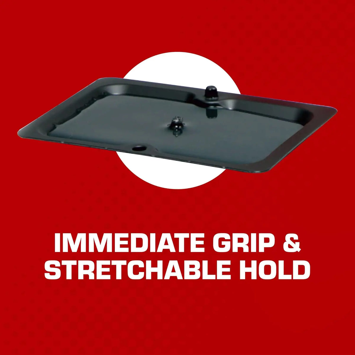 A black, flat glue trap with a plunger mechanism is shown against a red background.