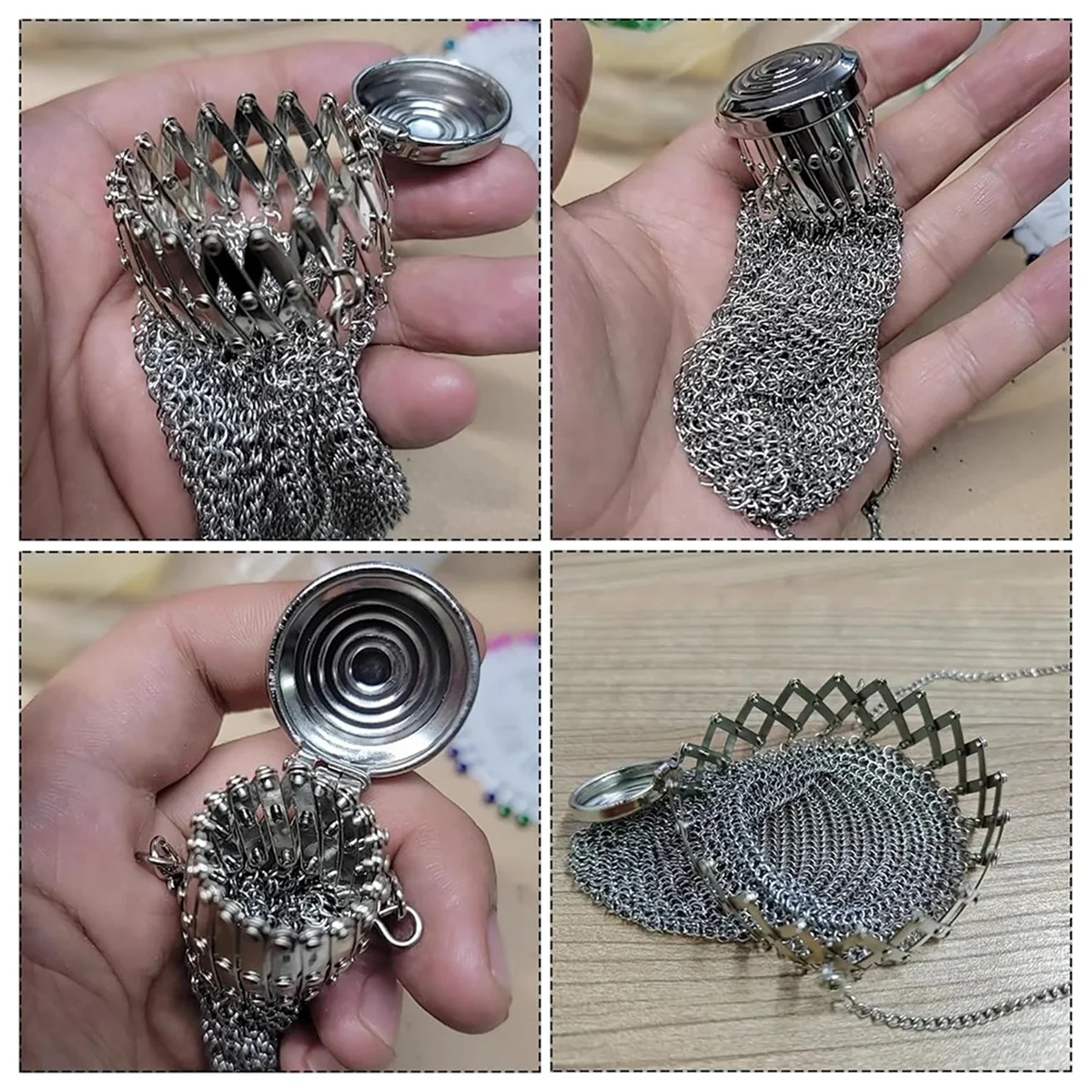 Handcrafted stainless steel coin purse with a retro design featuring intricate mesh and coin elements.