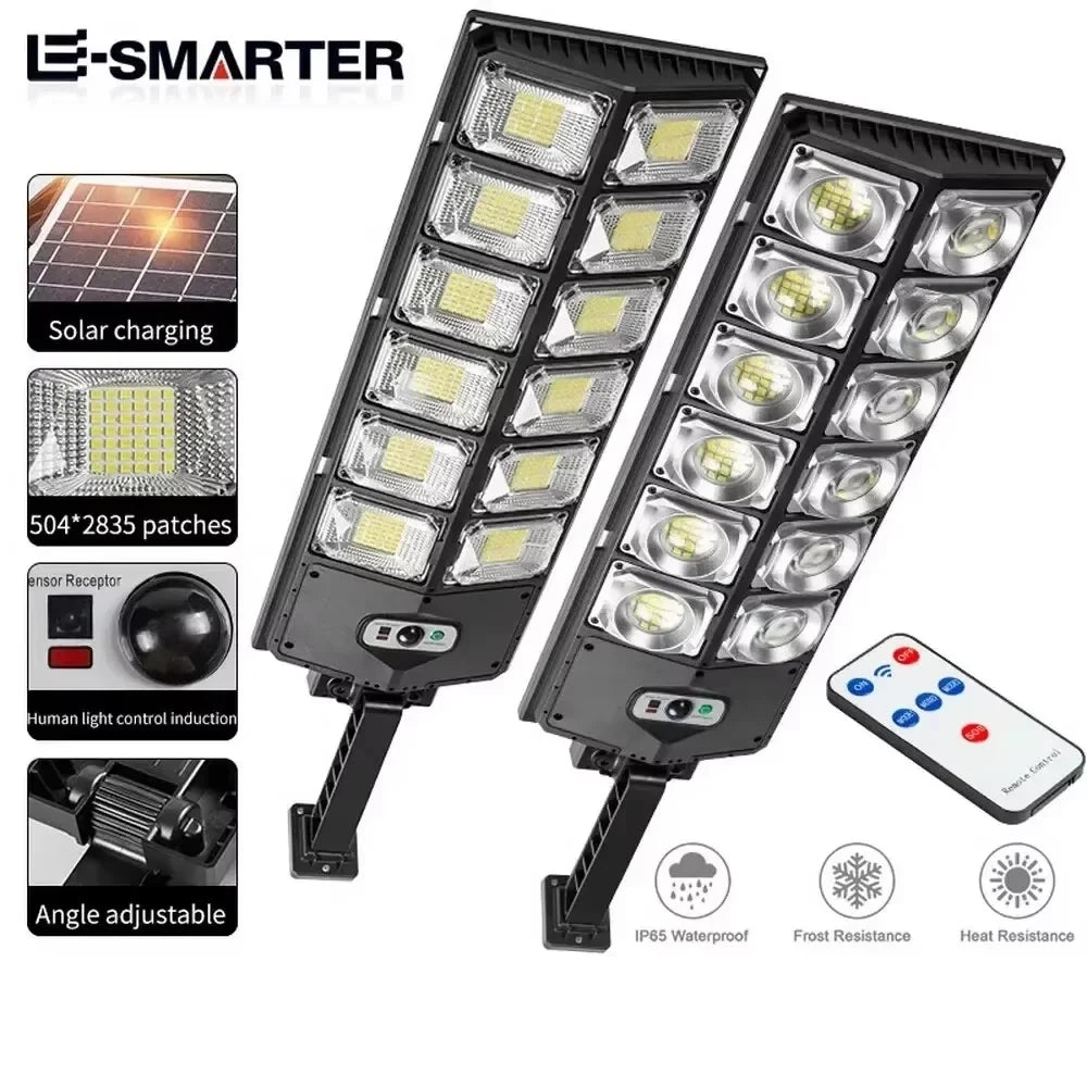 A black motion-activated solar garden light with multiple LED panels and an angle adjustable feature.