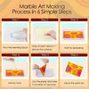 A six-step process for marble art making showing pouring, dropping paint, waiting, swirling tools, laying paper, and drying t