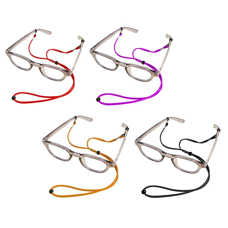 Four pairs of adjustable soft eyewear lanyards or glasses chains in red, purple, orange, and black.